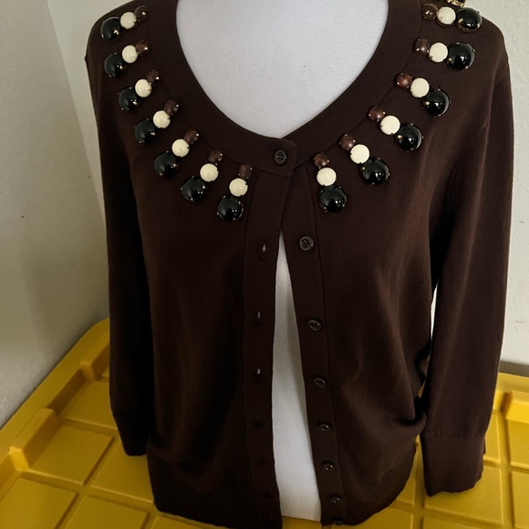 🍁ON SALE🍂KATE SPADE ‘RIO’ NWOT AUTHENTIC EMBELLISHED BROWN CARDIGAN SWEATER - Picture 4 of 10